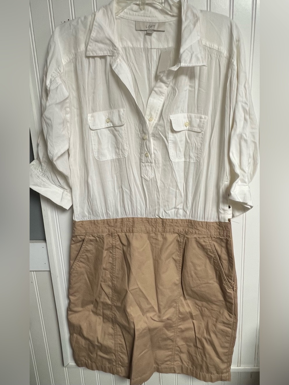 Ann Taylor Loft Shirt Skirt Dress Combo Sz 10 NWT Beige White Mixed Media